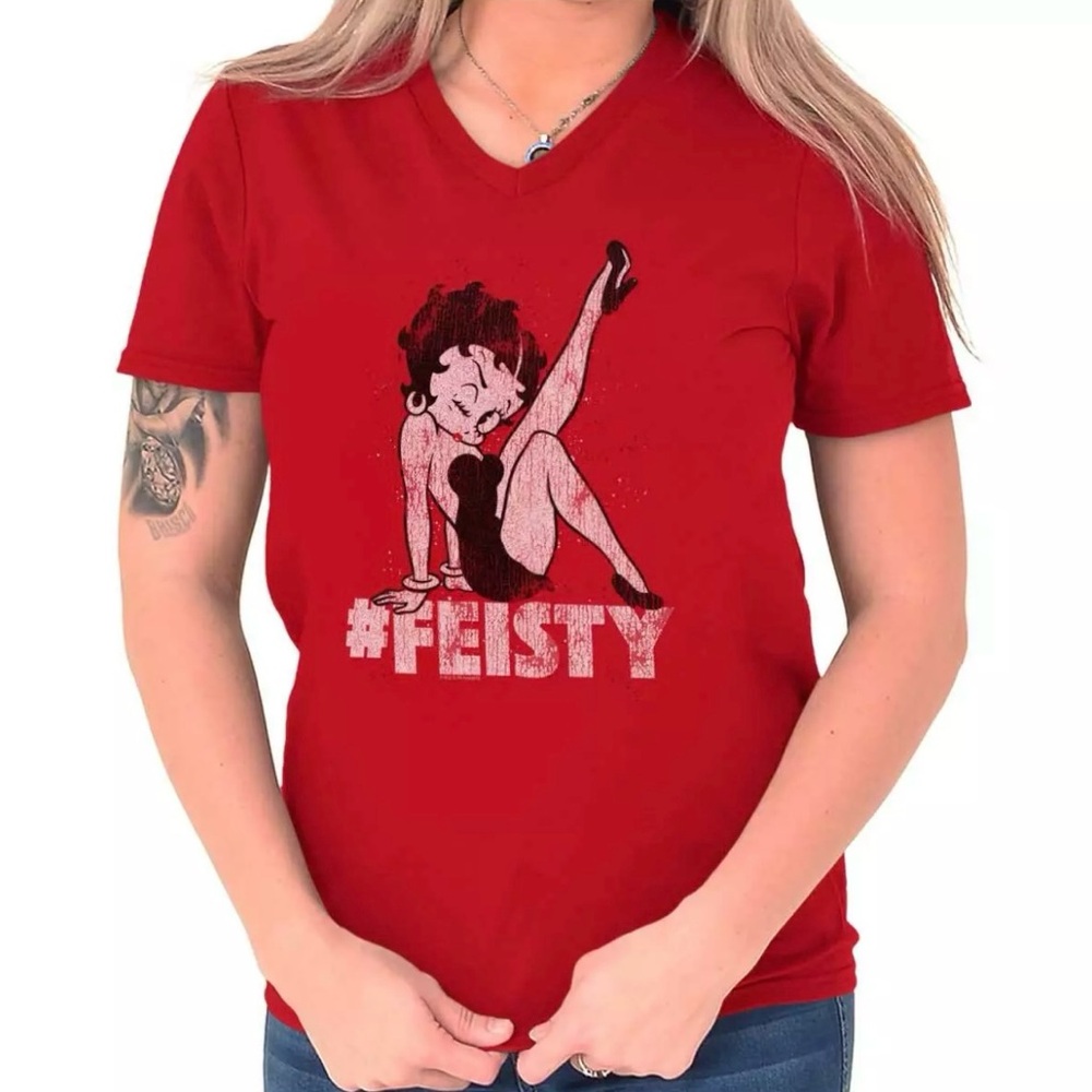 New Fiesty Sassy Betty Boop Vintage Pinup V Neck Short Sleeve T Shirts